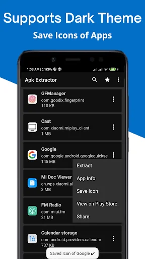 APK Extractor with dark theme support showing app icons save feature and extraction menu options