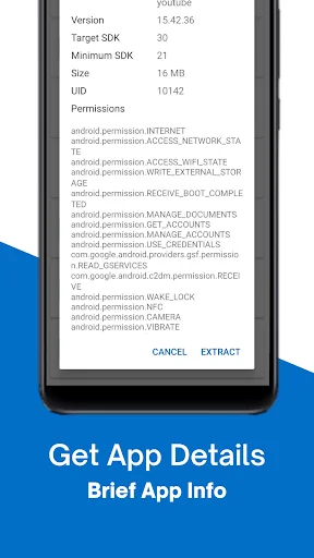 APK backup tool displaying detailed app information including permissions, version, and SDK details