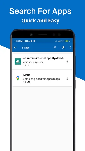 APK Extractor search feature showing quick app search results with package names and file sizes