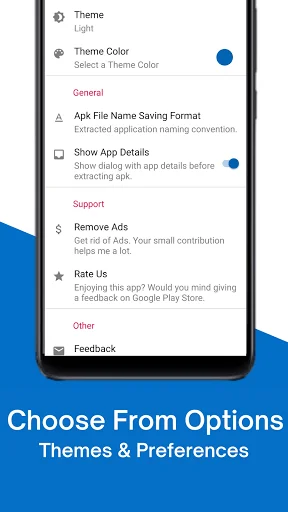 APK Extractor settings menu with theme options, file naming format, and preferences configuration
