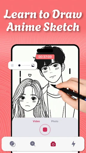 Video tutorial mode for anime sketching with step-by-step learning timer