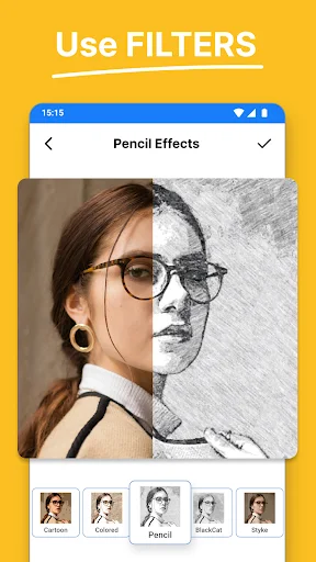 Use FILTERS - Pencil Effects screen showing portrait photo with sketch filter options