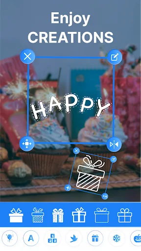 Enjoy CREATIONS - AR Draw text editor with HAPPY text and decorative gift stickers on photo