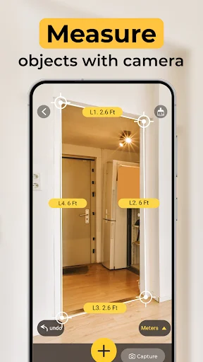 AR Measure app measuring room dimensions with camera - shows door frame with feet measurements displayed