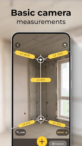 Basic camera measurement tool displaying room corner with multiple distance measurements in feet using AR