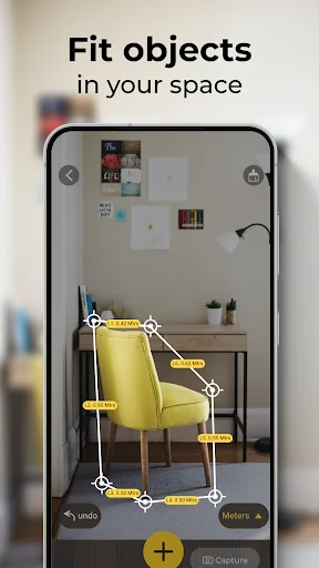 AR furniture placement tool measuring yellow chair dimensions to fit objects in your space