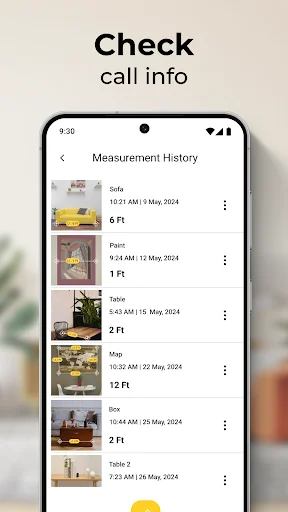 Measurement History screen showing saved measurements list with furniture items and dimensions in feet