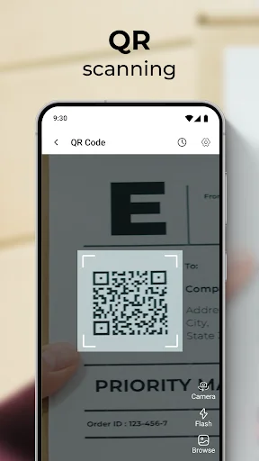 QR code scanner interface scanning barcode with camera flash and browse options