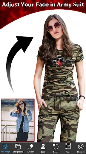 Army suit editor with face adjustment feature, camouflage outfit, and editing tools for photo customization
