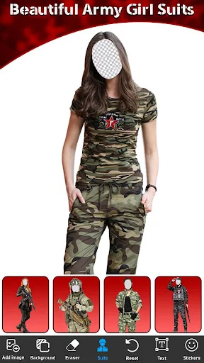 Army girl suit template selector displaying camouflage outfit variations with suit options and editing features