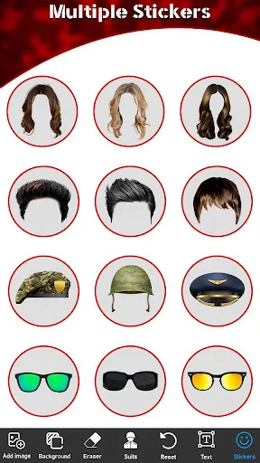 Collection of military stickers including hair, helmets, hats, and sunglasses accessories for photo customization
