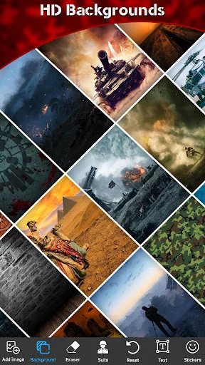 Gallery of HD military backgrounds featuring tanks, explosions, landscapes, and tactical combat scene environments