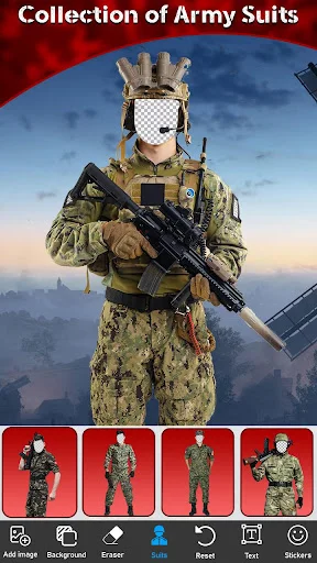 Army suit customization screen showing soldier with weapon against sky background and multiple suit template options
