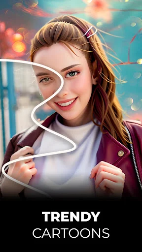 ArtistA app trendy cartoon photo editor showing woman transformed into stylized cartoon with colorful bokeh background