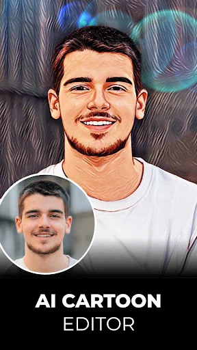 AI cartoon editor feature displaying before and after transformation of photo into cartoon art style portrait