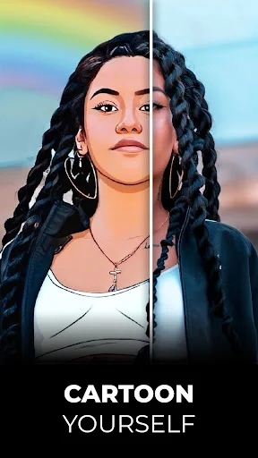 Cartoon yourself feature showing split-screen comparison of original photo to cartoon edited selfie portrait