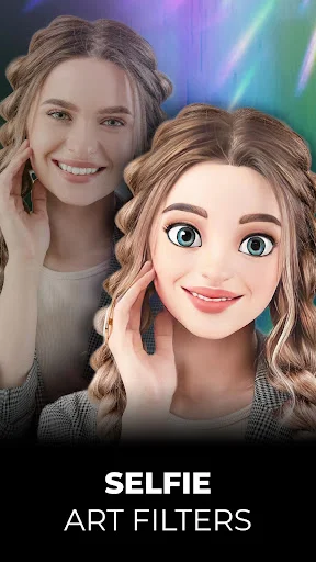 Selfie art filters showcasing 3D animated cartoon transformation of photo with side-by-side comparison view
