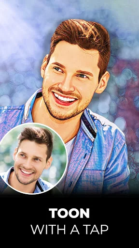 Toon with a tap feature demonstrating instant cartoon photo transformation with one-click AI editor