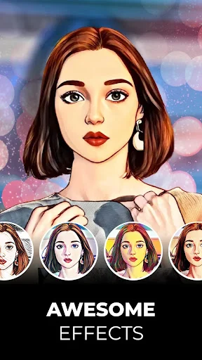 Awesome effects gallery showing cartoon portrait with multiple color variation filters and art styles below