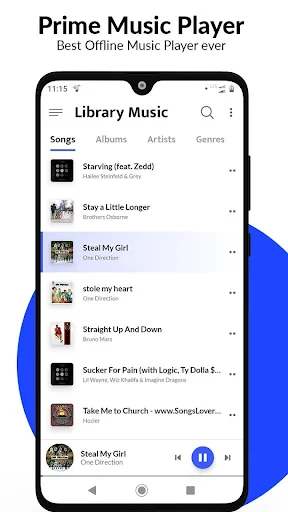 HQ Music Player library view showing song list with album art, artist names, and playback controls on mobile interface