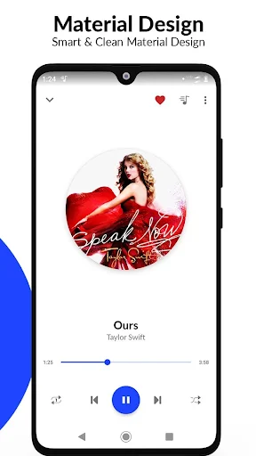 Music player now playing screen with circular album art, progress bar, and playback controls in material design