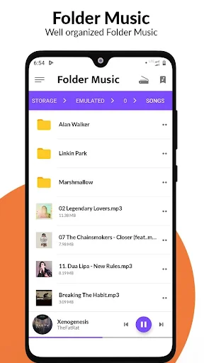 Folder music browser displaying organized MP3 files and folders with navigation breadcrumb and audio player controls