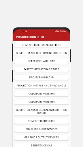 Introduction of CAD chapter table of contents listing engineering fundamentals, projection, and graphics design topics