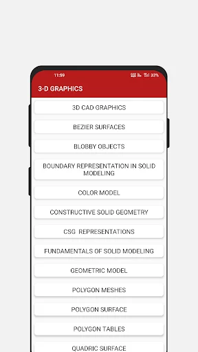 3D Graphics contents page listing topics: Bezier surfaces, polygon meshes, solid modeling, and 3D CAD design methods