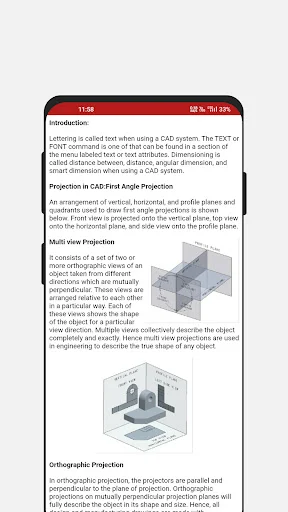 Autocad tutorial content showing orthographic and multi-view projection methods with 3D isometric diagrams explaining First and Third Angle Projection techniques for engineering drawings