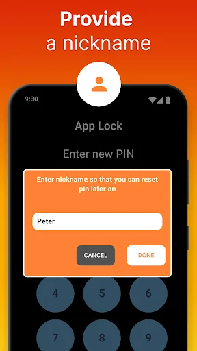 Nickname entry dialog for PIN reset functionality in background video recorder app security settings