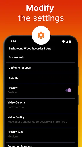 Settings menu for background video recorder with camera options, quality, preview and recording controls