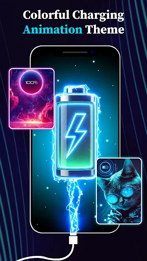 Colorful neon charging animation themes with 100% battery display, glowing pink and blue lightning effects