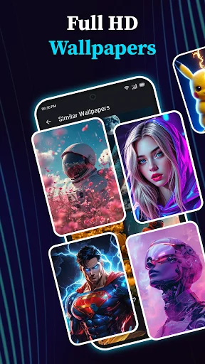 Full HD wallpaper gallery featuring colorful portrait designs with vibrant neon gradients for charging screens