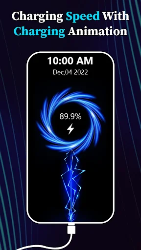 Circular charging animation showing 89.9% battery status with swirling blue lightning effects and time display