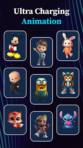 Ultra charging animation with customizable cartoon character avatars in grid selection interface