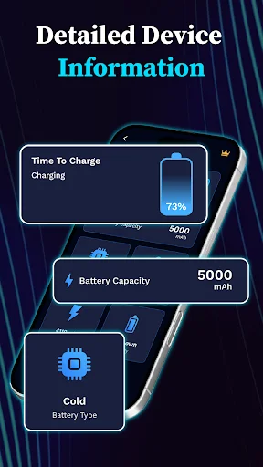 Device information display showing charging time, battery capacity 5000mAh, and battery type status details