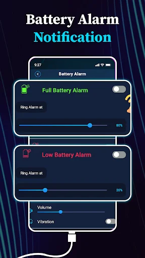 Battery alarm notification settings with full and low charge alarm toggles, volume and vibration controls