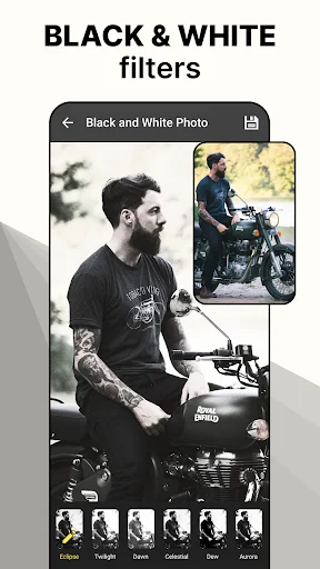 Black and white photo editor showing motorcycle photo with filter options and before/after preview
