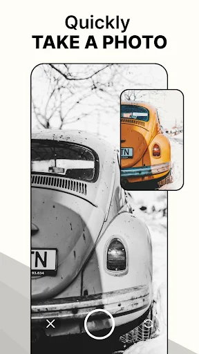 Camera interface for taking photos in black and white photo editor app with vintage car preview