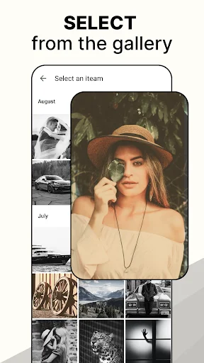 Photo gallery selection screen in black and white filter app showing image thumbnails by month