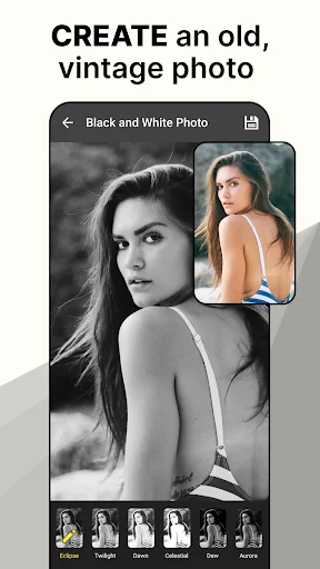 Vintage black and white photo filter editor with portrait and multiple filter effect options