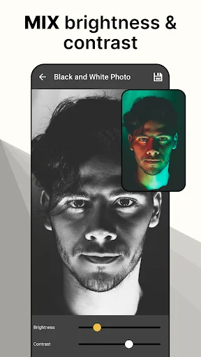 Brightness and contrast adjustment sliders in black and white photo editing app interface
