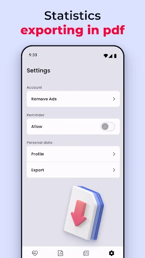 Blood Pressure Tracker settings menu with export, profile, ad removal, and reminder options