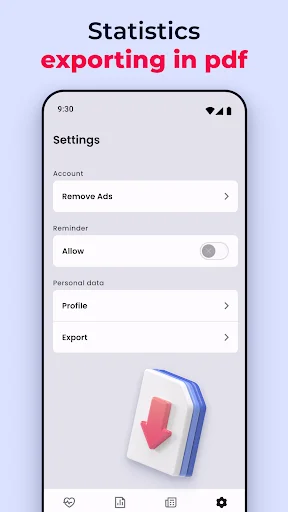Blood Pressure Tracker settings menu with export, profile, ad removal, and reminder options