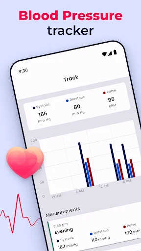 Blood Pressure Tracker app main screen showing systolic, diastolic readings, pulse rate chart, and daily measurements