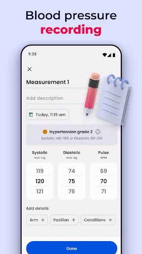 Blood pressure recording screen for entering systolic, diastolic, pulse measurements with hypertension grade indicator