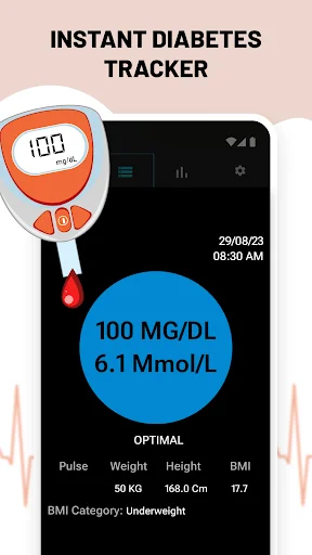 Blood sugar tracker displaying 100 mg/dL glucose reading with optimal status and health metrics including BMI