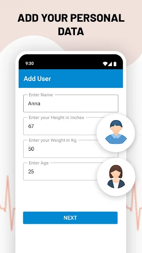 User profile setup form for diabetes app with name, height, weight, and age input fields