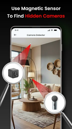 Smartphone magnetic sensor detector scanning living room for hidden cameras with red detection markers and suspicious device icons highlighted