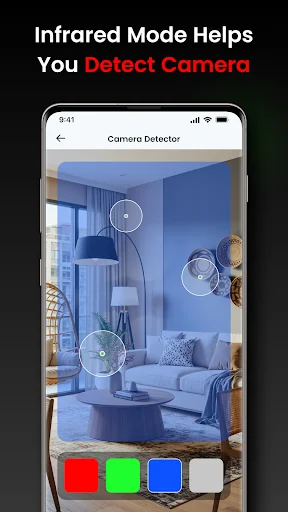 Infrared thermal detection mode revealing hidden camera locations in room with multiple detection points and color-coded filter options displayed